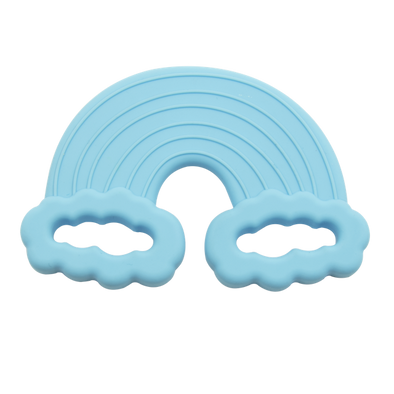 Light blue rainbow teething toy. White background