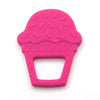 One raspberry colored I e cream cone teething toy. White background. 