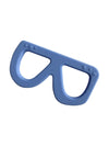 Blue glasses shaped silicone teething toy white background