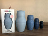 4 silicone bears each a different shade of blue different sizes one in pckaging